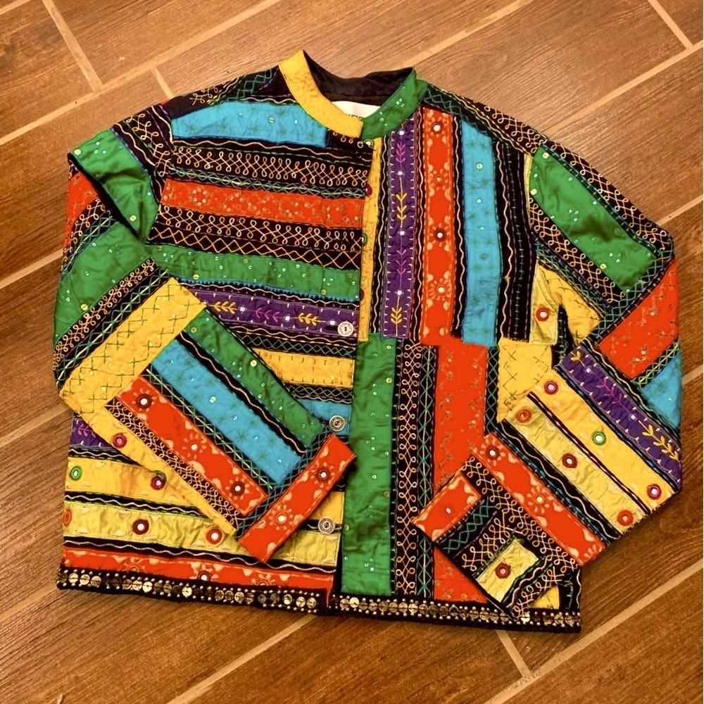 Vintage Y2K Festival patchwork Embroidered Striped Beaded Sequin Jacket Ethnic
